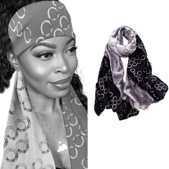 Silk Scarf Oversized Black Gray Abstract Circle Pattern Headscarf, Neck Wrap NEW - Picture 1 of 3